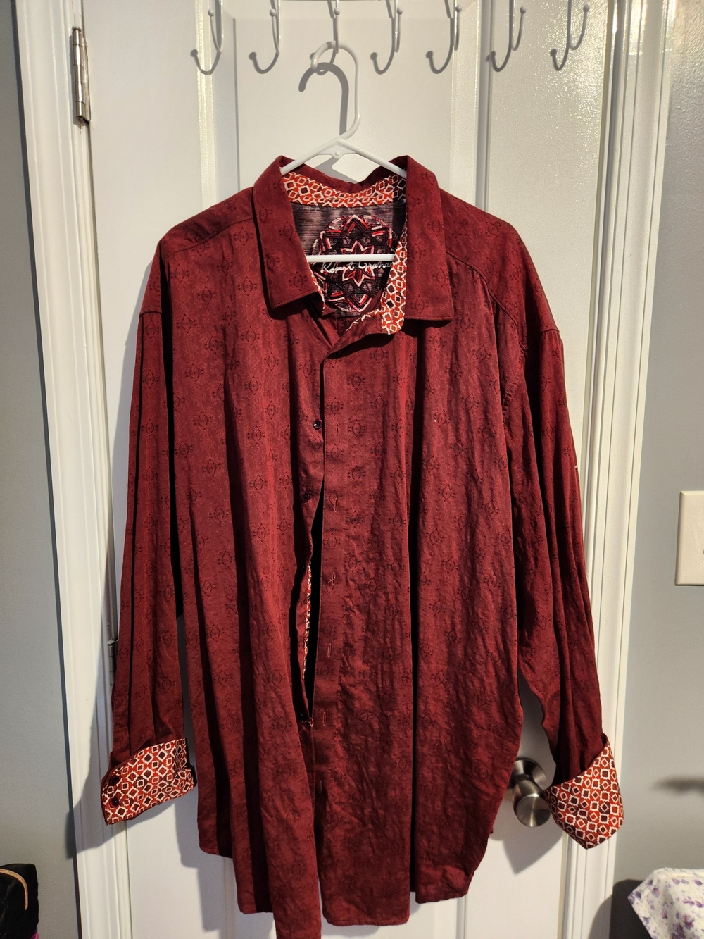 Robert Graham Men's Burgundy Button-Front Shirt Jacket with Patterned Trim